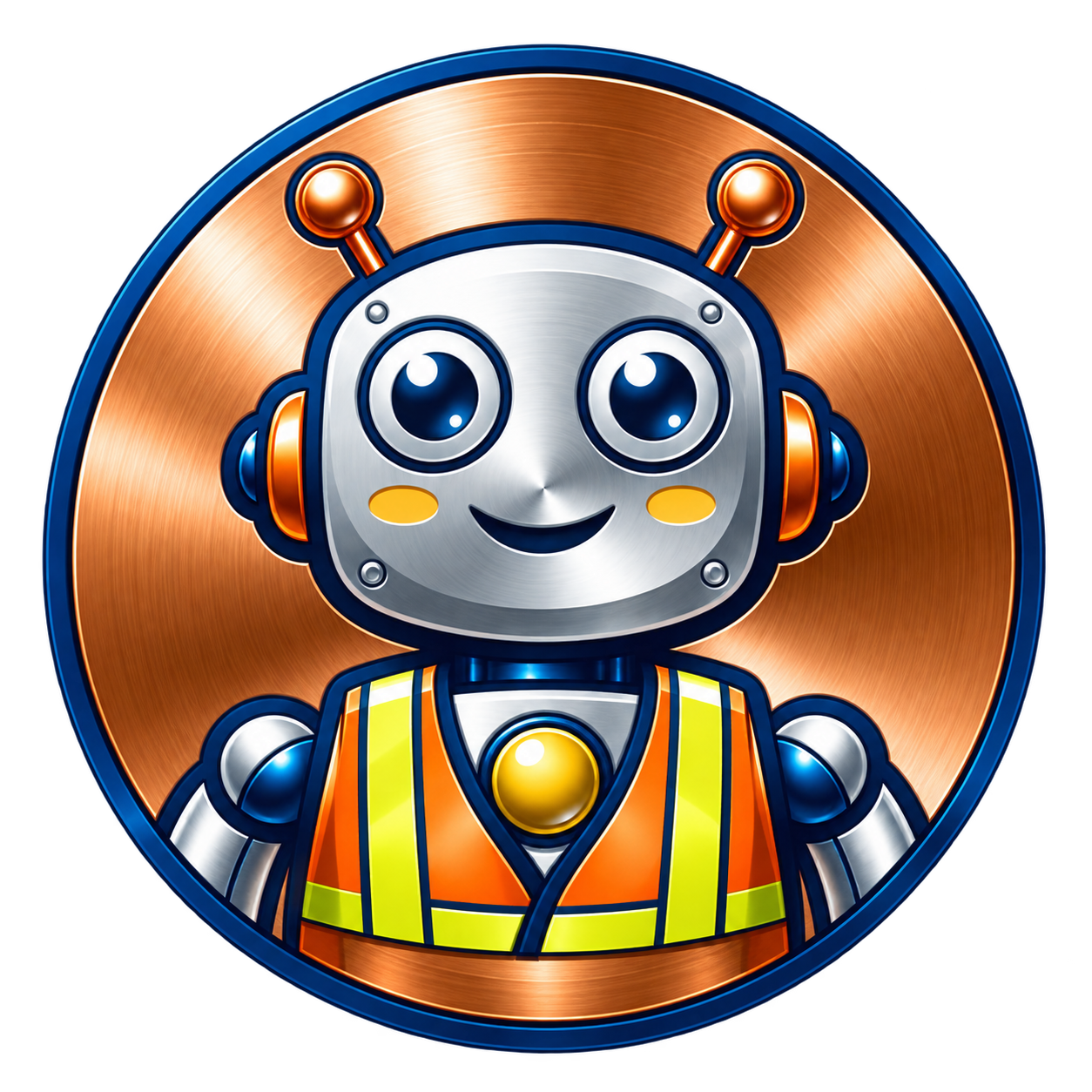 Safety Buddy robot with orange vest and copper badge
